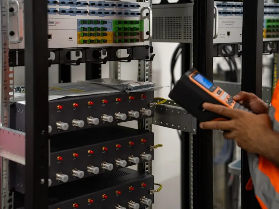 Technician inspecting server racks