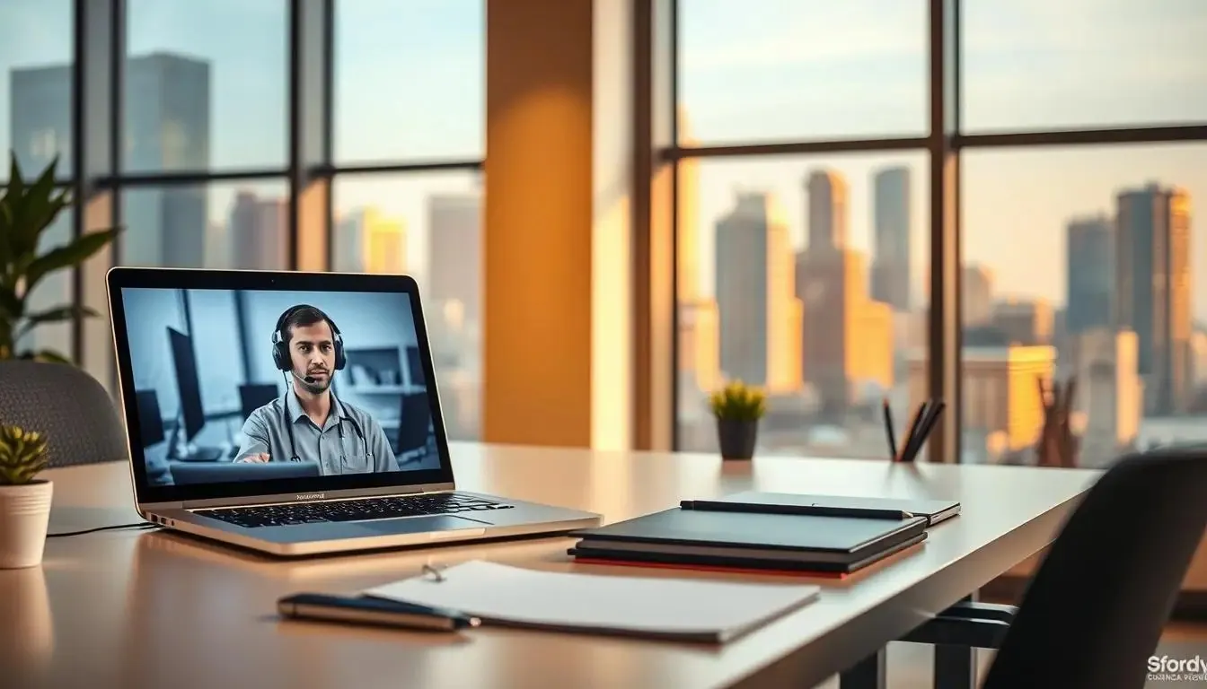 Technician providing remote IT support to a business