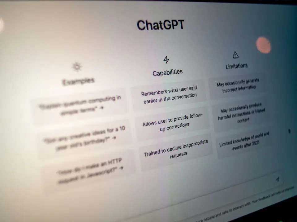 Computer screen with conversational UI copy